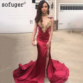 Hot Burgundy African Mermaid Long Prom Dress Gold Appliques Beaded Sexy High Slit Womens Evening Gown Black Girl Custom Dresses
Hot Burgundy African Mermaid Long Prom Dress Gold Appliques Beaded Sexy High Slit Womens Evening Gown Black Girl Custom Dresses