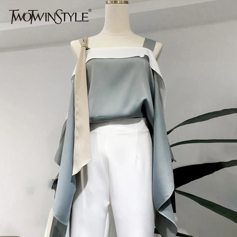 TWOTWINSTYLE Lace Up Shirt For Women Off Shoulder Ruffles Patchwork Irregular Blouse Top Female Summer Sexy Korean Clothing
TWOTWINSTYLE Lace Up Shirt For Women Off Shoulder Ruffles Patchwork Irregular Blouse Top Female Summer Sexy Korean Clothing
