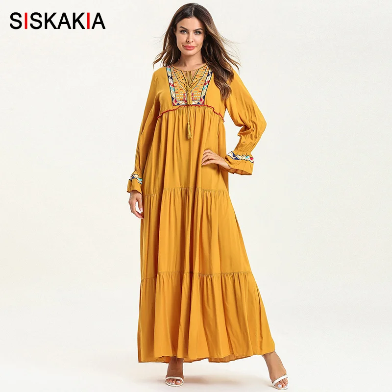 Siskakia Ethnic Embroidery Women Long Dress Spring 2019 Sweet Ladies Maxi Dresses Tassel Drawstring Muslim Casual Clothes Yellow
Siskakia Ethnic Embroidery Women Long Dress Spring 2019 Sweet Ladies Maxi Dresses Tassel Drawstring Muslim Casual Clothes Yellow