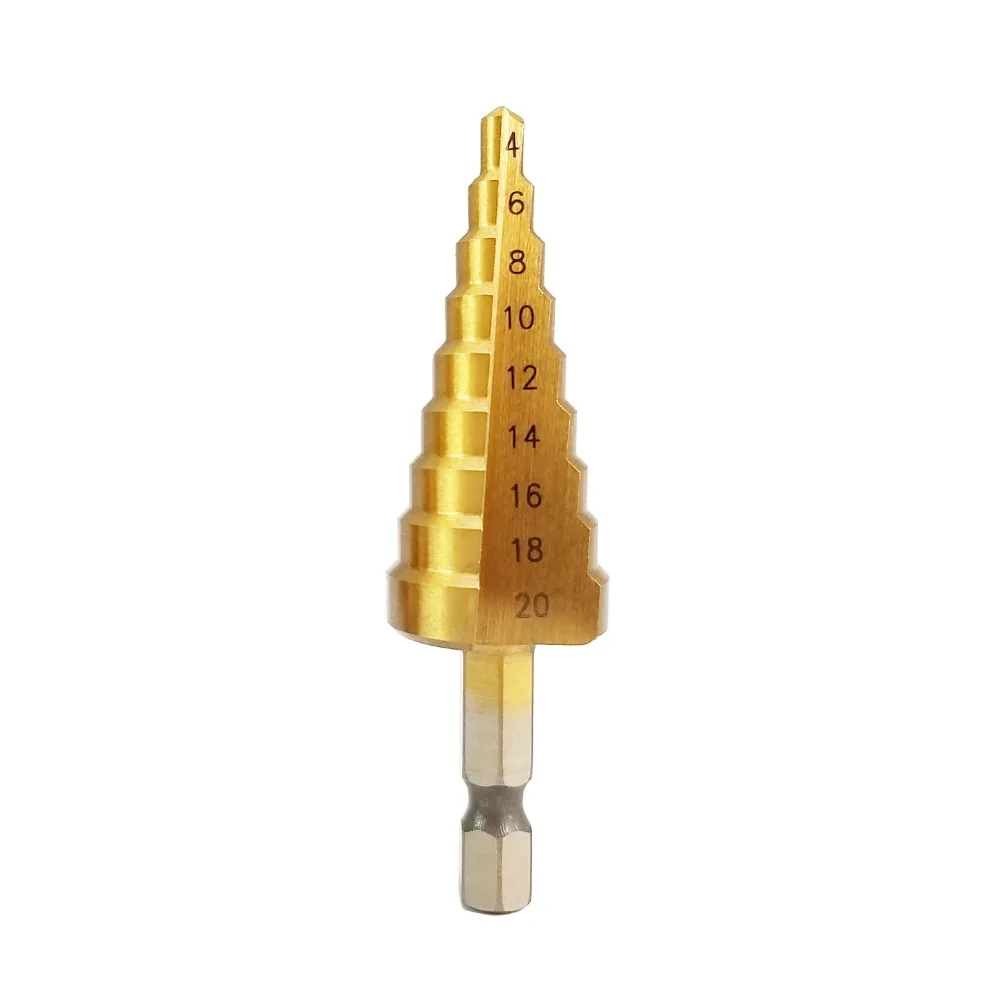 4mm-20mm 9 Steps Sizes HSS Hex Titanium Step Drill Bit Hole Cutter Cutting Tools Taper Point Drill Bits
4mm-20mm 9 Steps Sizes HSS Hex Titanium Step Drill Bit Hole Cutter Cutting Tools Taper Point Drill Bits