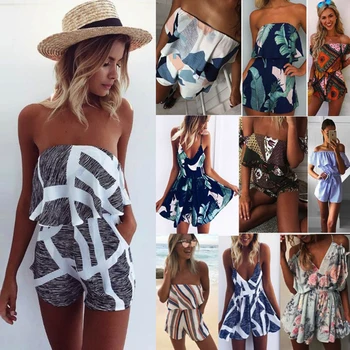 

GOOD QUALITY Summer Spaghetti Strap High Waist Tropical Palm printed Shirred Cami Palazzo Women playsuits beach wear loose fit