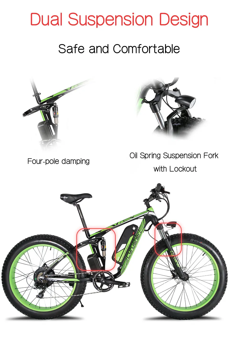 Clearance Cyrusher XF800 Electric Bicycle double Suspension 7 Speeds,Fat tire eBike, 1000W 48V,smart computer speedometer electric bike 4