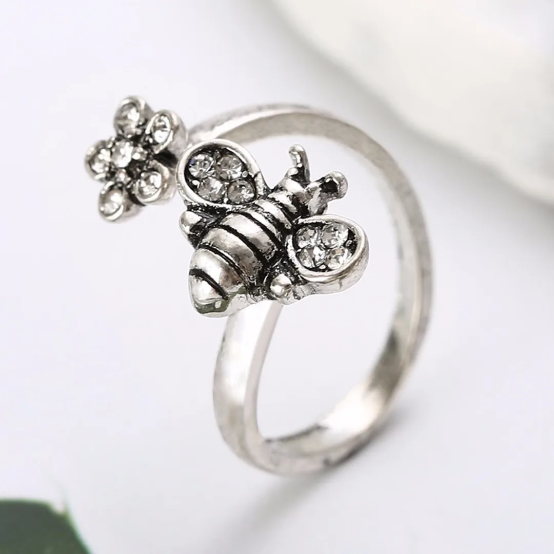 Chic Adjustable Open Ring Sexy Womens Cute Honey Bee And Flower Finger Ring Cool Elegant Jewelry For Women Shellhard
