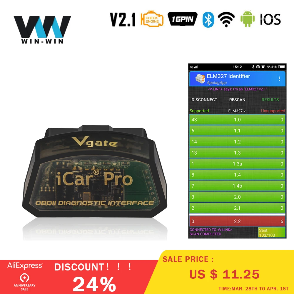 

Vgate iCar Pro ELM327 OBD2 Scanner Bluetooth 4.0 WIFI ELM 327 V2.1 iCar Pro For Android/IOS OBD 2 OBD2 Car Diagnostic Auto Tool