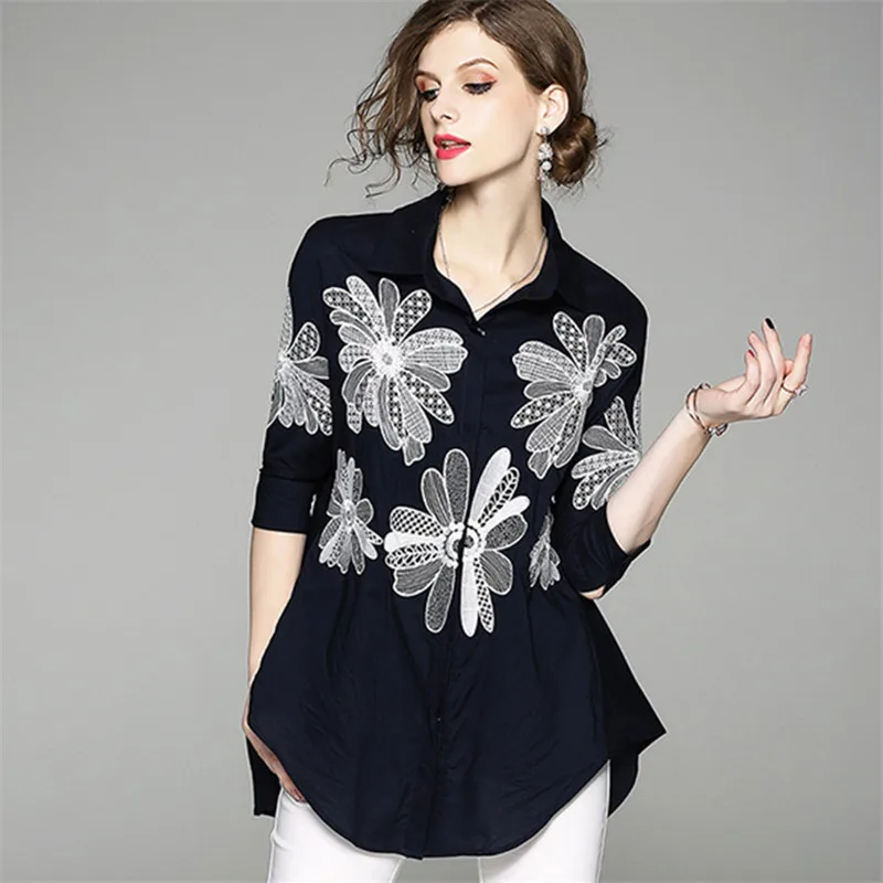 2019 New fashion Embroidery Lapel seven-minute sleeve front short back shirt office black white shrit
2019 New fashion Embroidery Lapel seven-minute sleeve front short back shirt office black white shrit