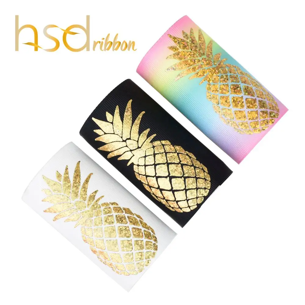 HSDRibbon 75MM 3 inch custom pattern Pineapple series laser gold Foil Printed on heat transfer printed Grosgrain Ribbon
HSDRibbon 75MM 3 inch custom pattern Pineapple series laser gold Foil Printed on heat transfer printed Grosgrain Ribbon