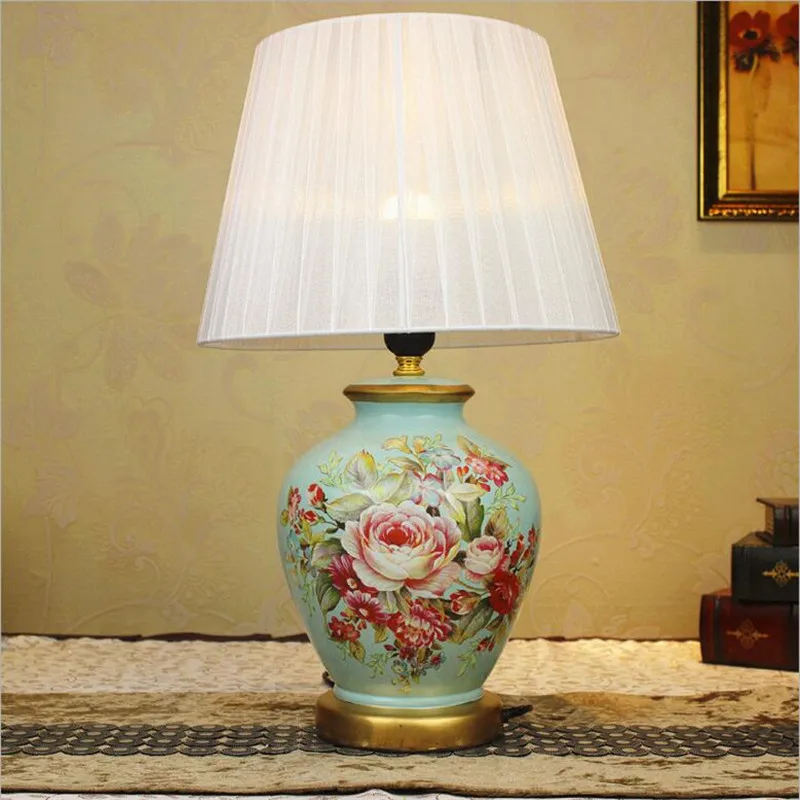 Vintage Europe Hand Painted Ceramic Fabric Led E27 Table Lamp for Wedding Decor Living Room Bedroom Dia 28*H51cm 1619 | Лампы и