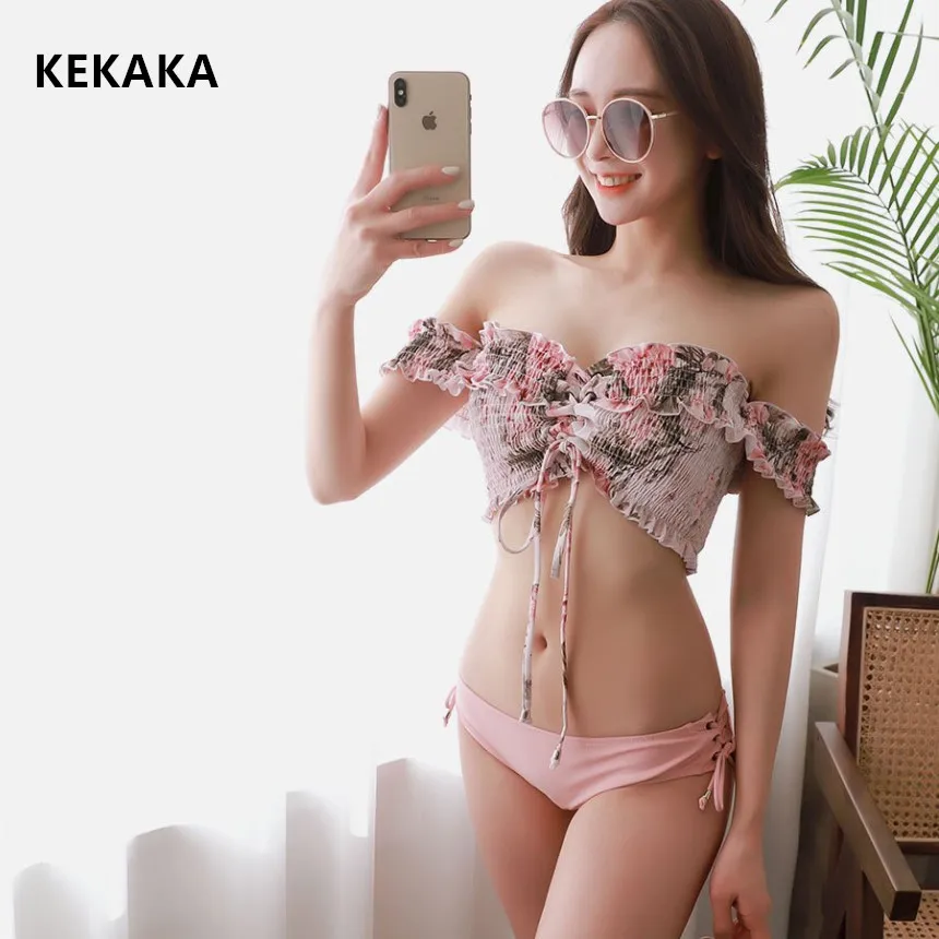 

KEKAKA Korea Cheeky Pink Floral Off Shoulder Swimwear Women 2019 Bandeau Bikini Lace Up Frilled Bathing Suit Drawstring Swimsuit