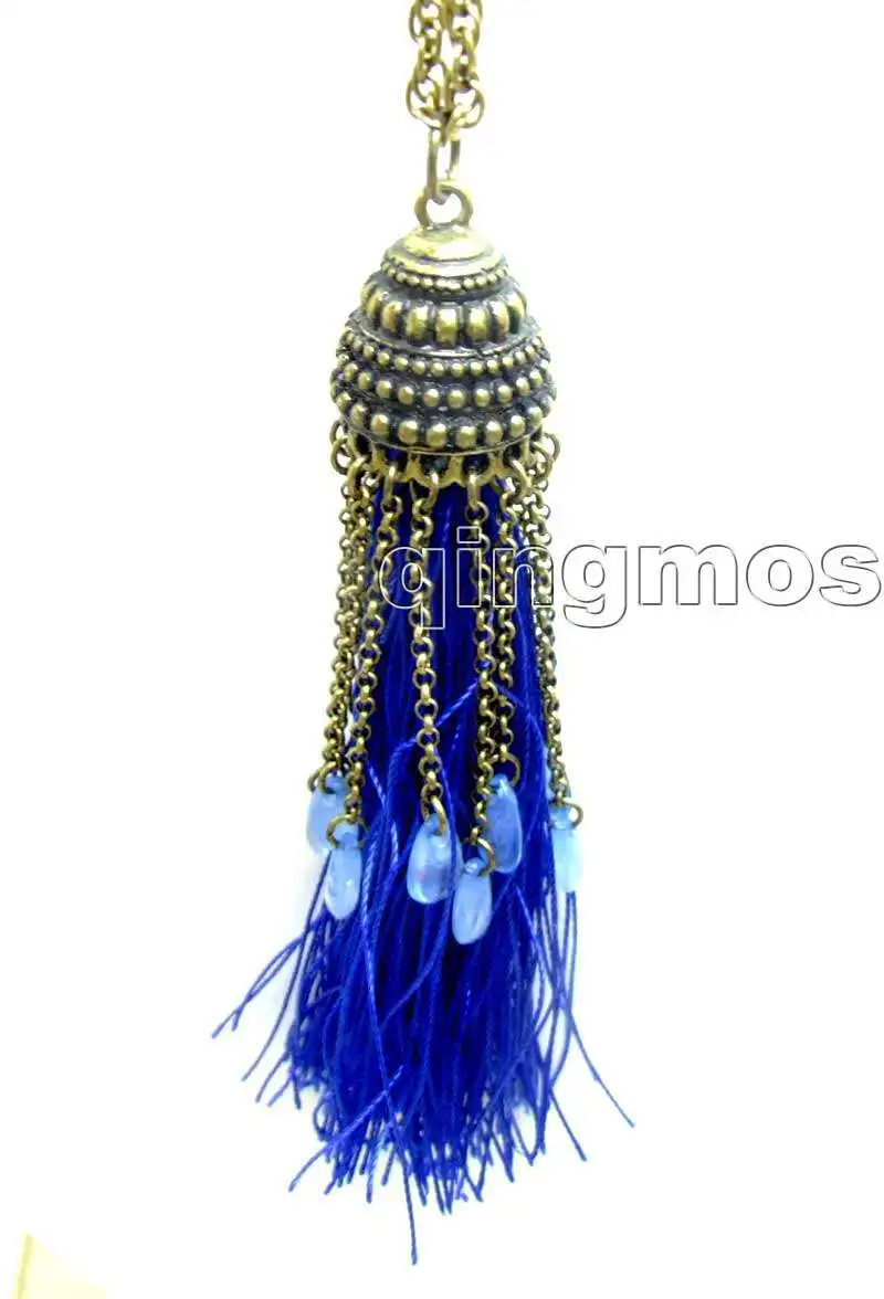 Фото Ожерелье женское длинное из синей шелковой нити 28-32 дюйма 110 мм | Украшения и