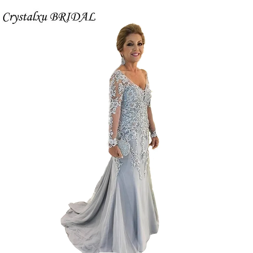 Elegant Sheath V Neck Long Sleeves Mother of the Bride Dresses For Weddings Silver Lace Beaded vestido de madrinha Plus Size
Elegant Sheath V Neck Long Sleeves Mother of the Bride Dresses For Weddings Silver Lace Beaded vestido de madrinha Plus Size