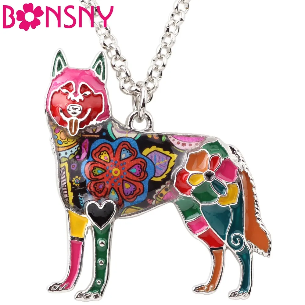 

Bonsny Enamel Alloy Happy Siberian Husky Dog Necklace Pendant Chain Choker Animal Jewelry For Women Girls Pet Lovers Gift Bijoux