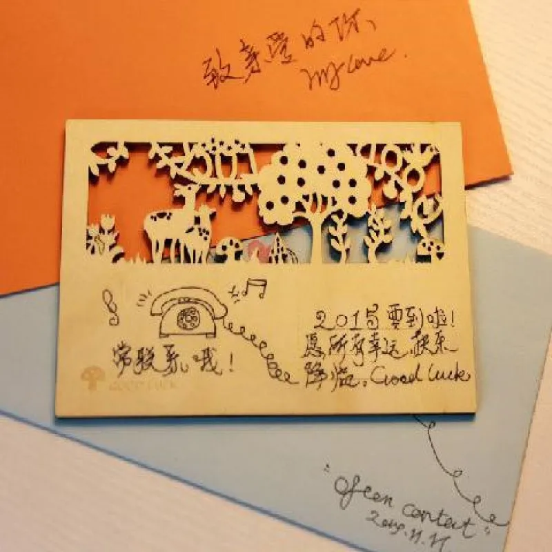 animal hollow-out wooden veneer Embellishment 4patterns(good luck/best wishes/thank you/good day) post card design
animal hollow-out wooden veneer Embellishment 4patterns(good luck/best wishes/thank you/good day) post card design