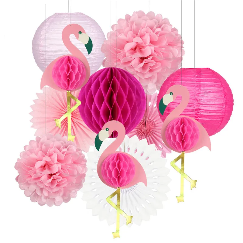 

Tropical Pink Flamingo Party Honeycomb Decoration Tissue Paper Fan Flowers Paper Lanterns for Hawaiian Summer Beach Luau Party