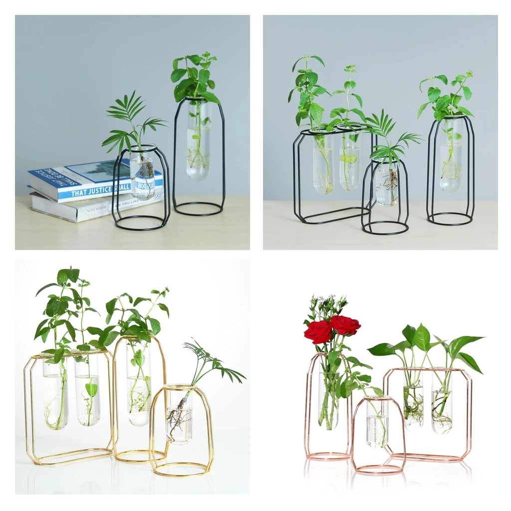 Glass Hydroponic Plant Water Flower Vase with Iron Stand for DIY Art Decoration Creative Gifts