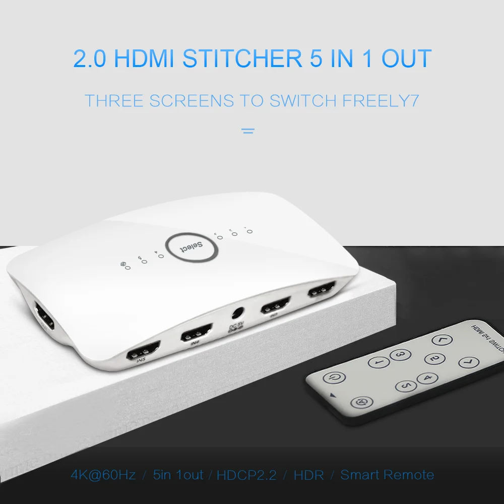 5 in 1 HDMI Switch 4K 60Hz Version 2.0 Smart Voice Switcher Support Mobile APP with Remote Control for HDTV PC Projector Display
5 in 1 HDMI Switch 4K 60Hz Version 2.0 Smart Voice Switcher Support Mobile APP with Remote Control for HDTV PC Projector Display