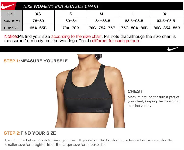 nike youth sports bra size chart