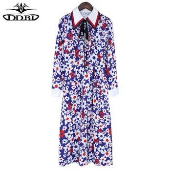 runway dresses 2017 women high quality turn down collar long sleeves white and red flowers print blue shirt dresses 17509