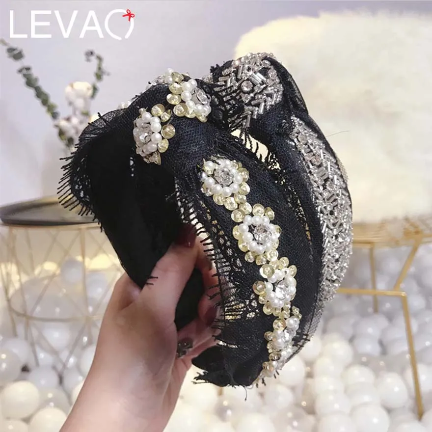 

LEVAO Exquisite High-end Pearl Drills Hairbands for Women Black Mesh Lace Hollow Inlaid Drill Wide-edged Headbands Hair Ornament