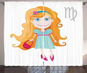 

Zodiac Virgo Curtains Little Cartoon Girl with Orange Hair Pink Purse Kids Nursery Theme Living Room Bedroom Window