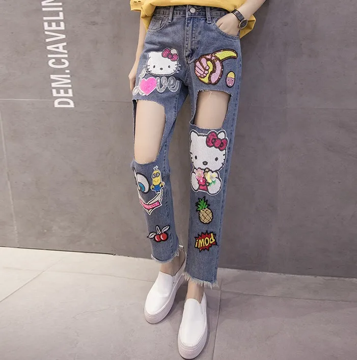 Kitty sequins cat furrowed cowboy pants cartoon pineapple beads broken hole Harlan pants
Kitty sequins cat furrowed cowboy pants cartoon pineapple beads broken hole Harlan pants