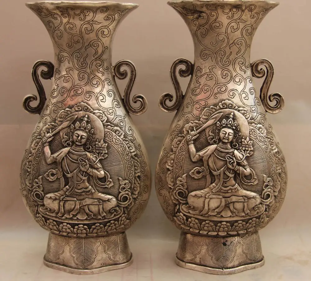 China White Copper Silver Buddhism Manjusri Manjushri Bodhisattva Pot Vase Pair
China White Copper Silver Buddhism Manjusri Manjushri Bodhisattva Pot Vase Pair