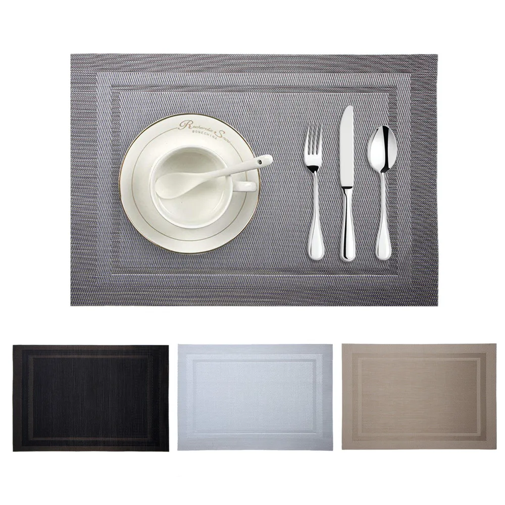 Hot Table Decoration Mat PVC Woven Non-slip Placemat For Kitchen Dining Black Gray Washable Tableware Mats Kitchen Accessories
Hot Table Decoration Mat PVC Woven Non-slip Placemat For Kitchen Dining Black Gray Washable Tableware Mats Kitchen Accessories