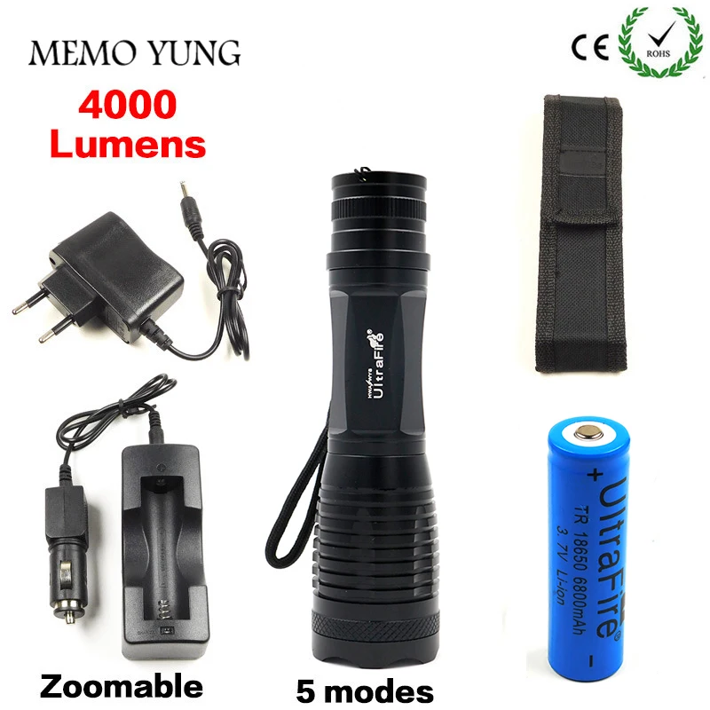 4000LM CREE XML T6 High Power LED Flashlight Aluminum LED Torch Zoomable Flash Light Torch Lamp+Charger+ Battery+Holster Holder
4000LM CREE XML T6 High Power LED Flashlight Aluminum LED Torch Zoomable Flash Light Torch Lamp+Charger+ Battery+Holster Holder