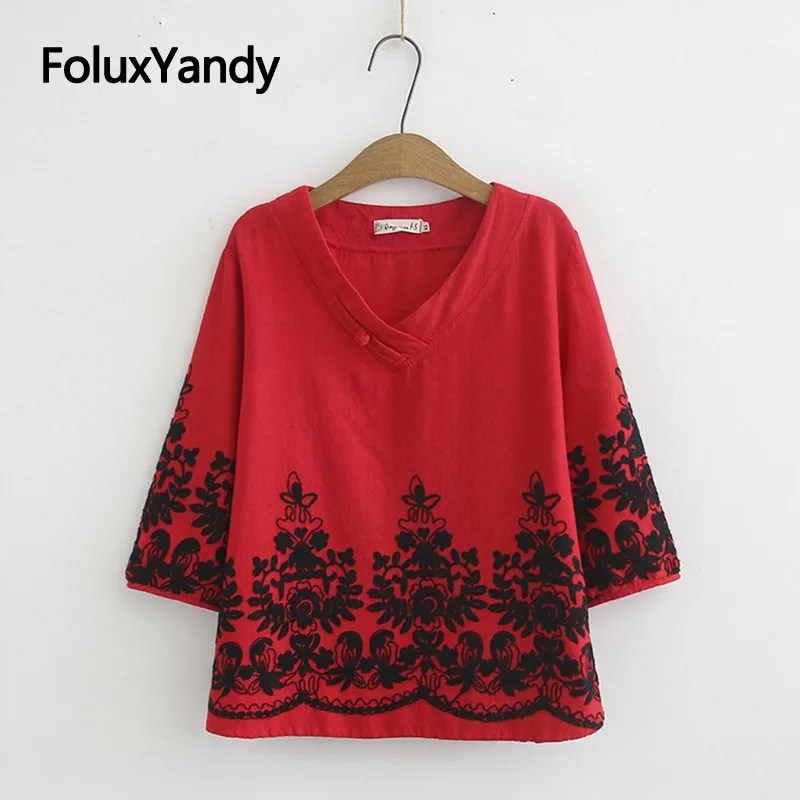 Chinese Style Embroidery Tops Women V-neck Tops Plus Size Summer Half Sleeve T-shirts 4 Colors KKFY3781
Chinese Style Embroidery Tops Women V-neck Tops Plus Size Summer Half Sleeve T-shirts 4 Colors KKFY3781