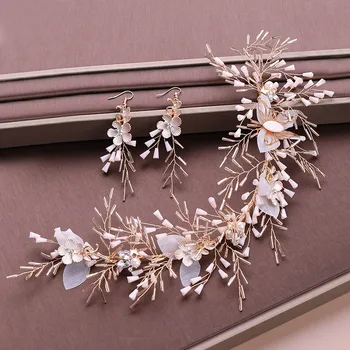 

Gold Crystal Beads Headband Earrings Set Simulated Pearl Flower Tiaras Jewelry Sets Wedding Bridal Hair Ornaments Headpiece XH