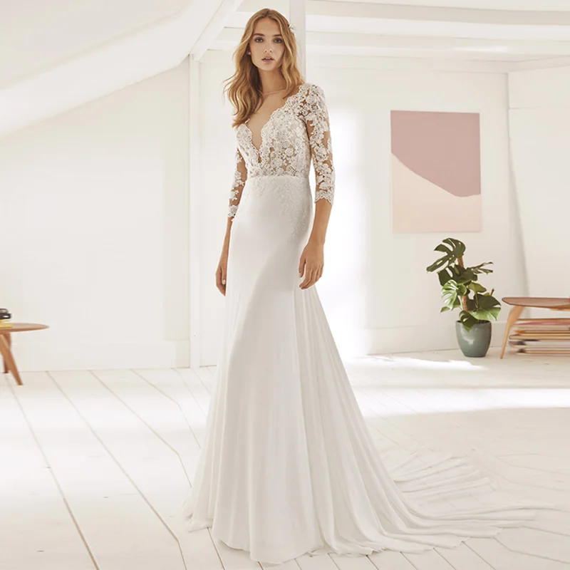 Eightale Mermaid Wedding Dresses with Long Sleeves O-Neck Appliques Lace Top Chiffon Backless Bride Dress Boho Wedding Gowns
Eightale Mermaid Wedding Dresses with Long Sleeves O-Neck Appliques Lace Top Chiffon Backless Bride Dress Boho Wedding Gowns