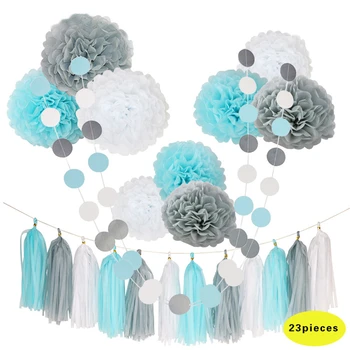 HAOCHU 23pcs/set 8'' 10'' 12'' Gray White Tissue Paper Pom Pom Hanging Round Garland Birthday Wedding Stage Wall Decor Props