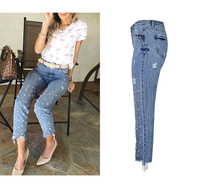 2017 fashion European and American women's high waist Slim straight pearl 3-color studs irregular feet tassel washed cowboy trousers (5)