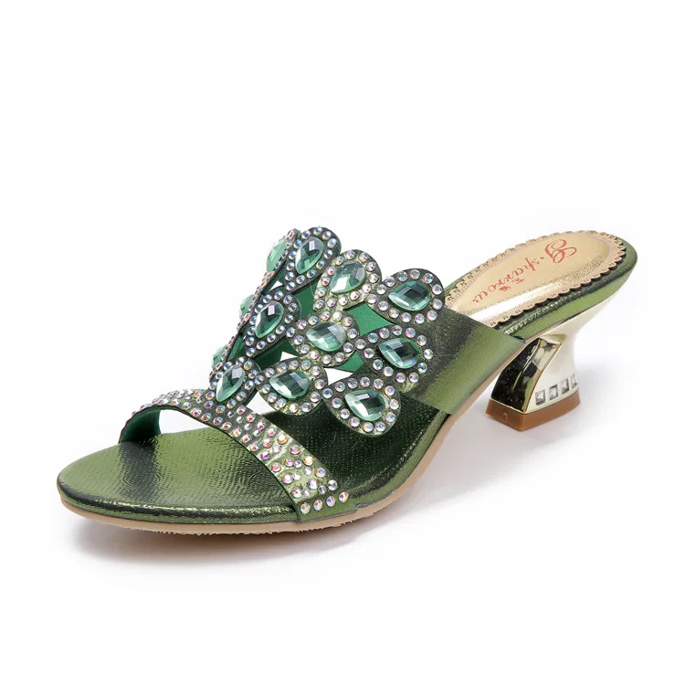 2016 New Diamond Sandals Green Cheap Chunky High Heels Best Luxury Casual Shoes Ladies Leather Slippers11