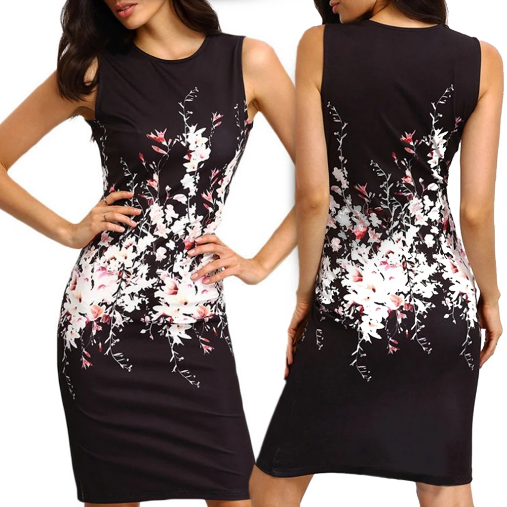 Women Dress Knee-length Sleeveless Bodycon Summer Round Neck Slim Package Hip Print Elegant #20 | Женская одежда
