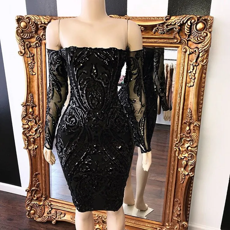 PEORCHID Black Sequin Short Cocktail Dresses Long Sleeves Strapless Knee Length Semi Formal Women Prom Gowns 2019 | Свадьбы и