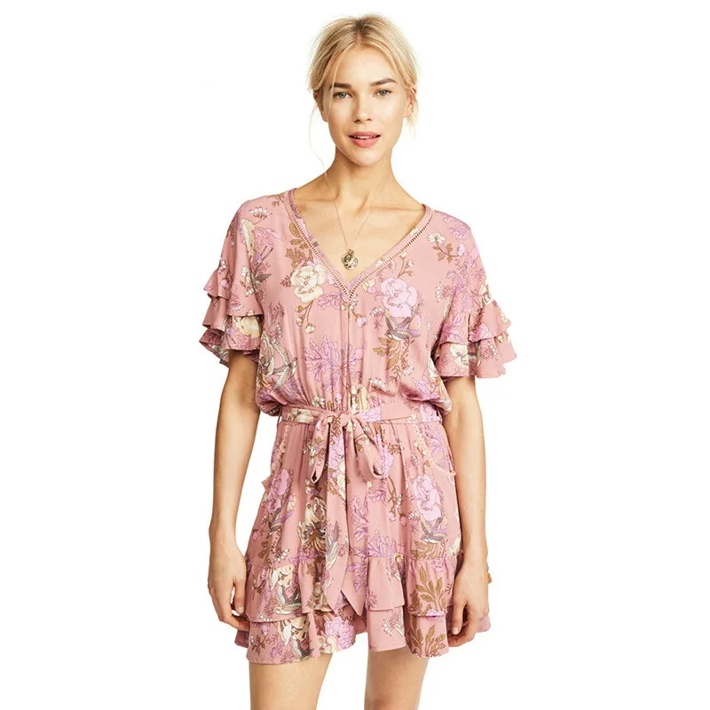 Bohemian Printed Lotus-leaf Lace V-neck Dress Short Sleeve Sashes Butterfly Sleeve Empire Women's Sexy Dress
Bohemian Printed Lotus-leaf Lace V-neck Dress Short Sleeve Sashes Butterfly Sleeve Empire Women's Sexy Dress