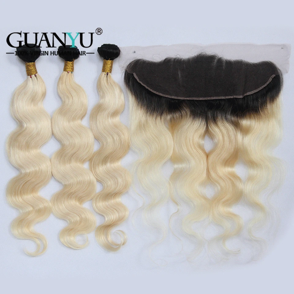 

Guanyuhair Malaysian Remy Hair Pre-Plucked Ombre #1B/613 Blonde Body Wave Human Hair Bundles With Lace Frontal 13X4 Ear to Ear