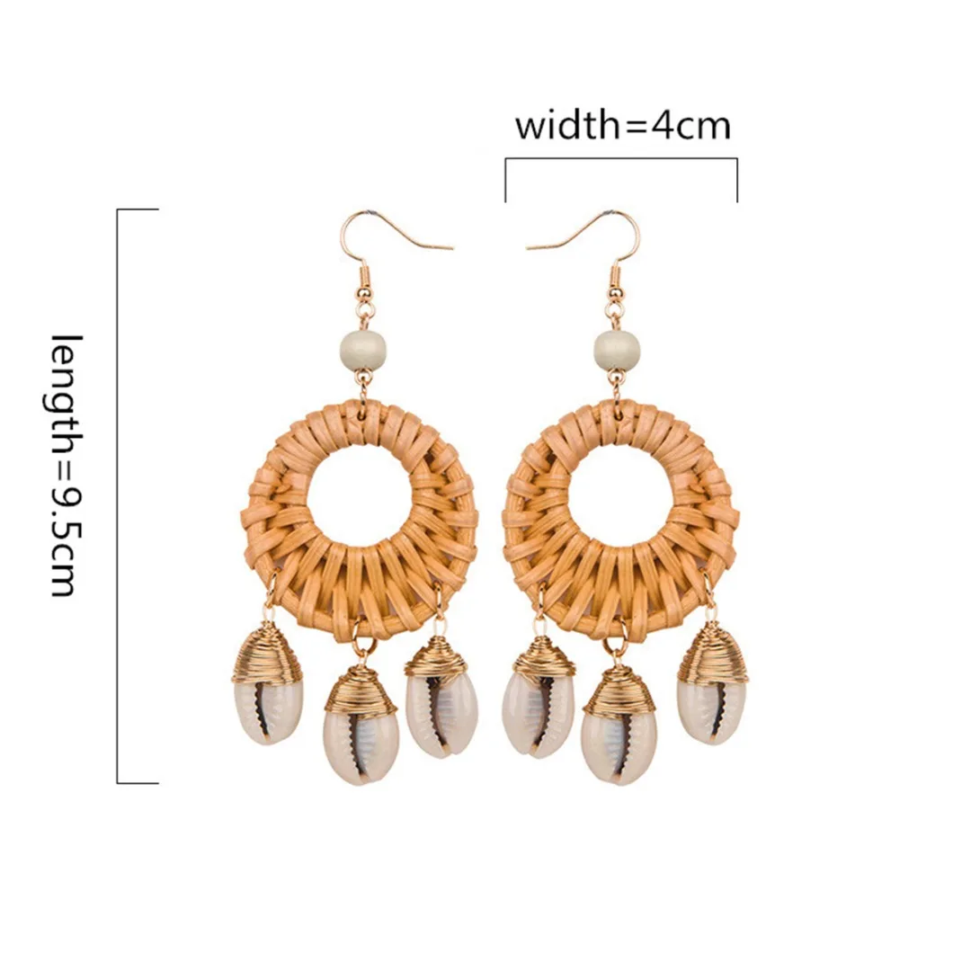 Boho Handmade Wooden Big Hollow Round Rattan Straw Weave Shell Drop Earring for Women Girl Korean Statement Wedding Jewelry
