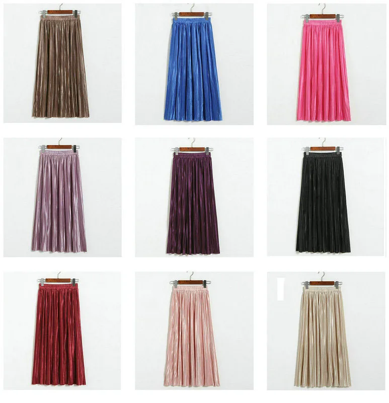 Lustrous pleated skirt metallic mid-length skirt for women of fall 2017 new Korean style joker long skirt (2)
