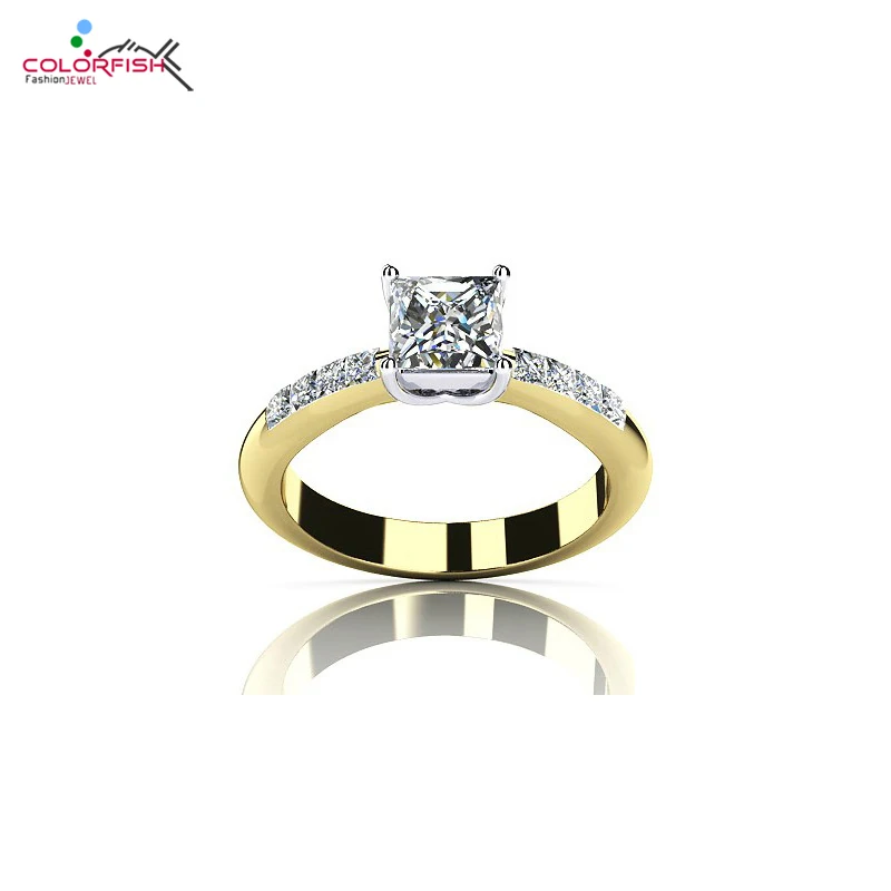 

COLORFISH 2 Carat Solitaire Engagement Ring 925 Sterling Silver Gold Color Princess Cut SONA NSCD Stone Ring For Women Wedding