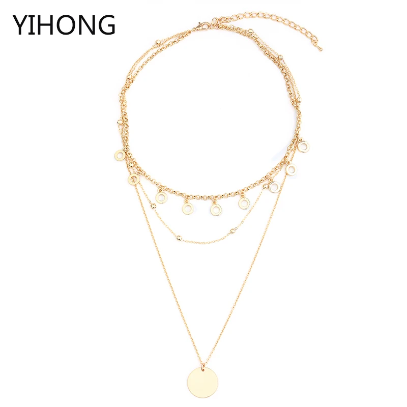 

Sequin & Ring Design Pendant Beaded Chain Layered Necklace Gold Color Multilayer Choker for Fashion Women Bijoux
