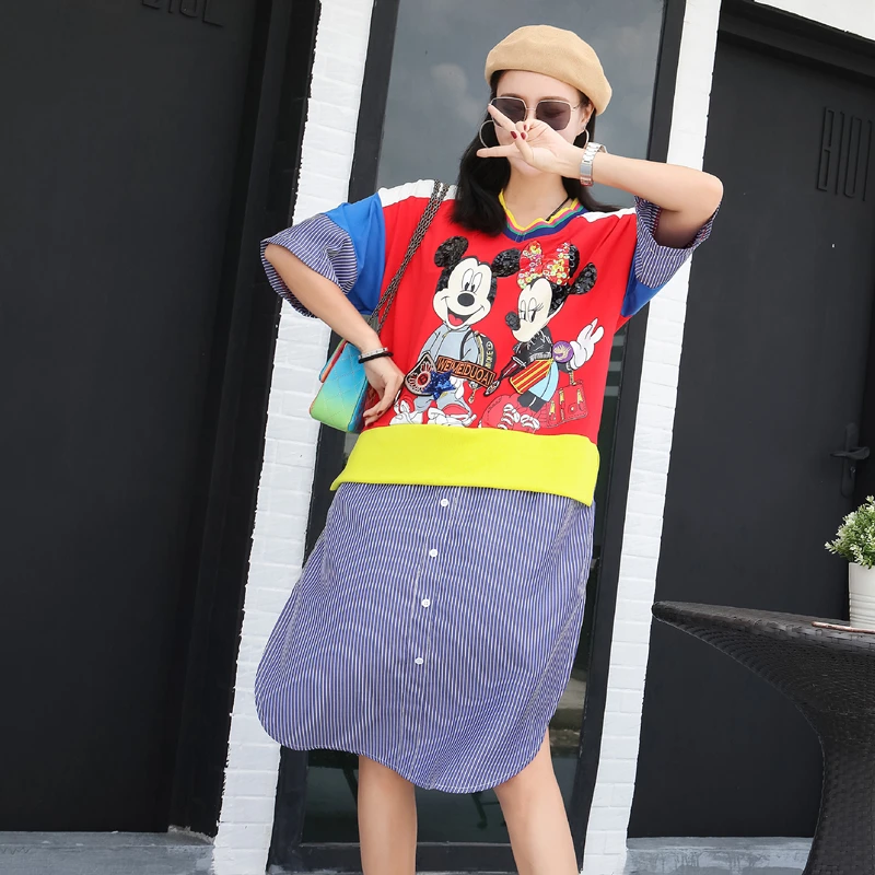Thai street fashion cartoon color matching silver fox T-shirt female long section loose sequins striped split dress
Thai street fashion cartoon color matching silver fox T-shirt female long section loose sequins striped split dress