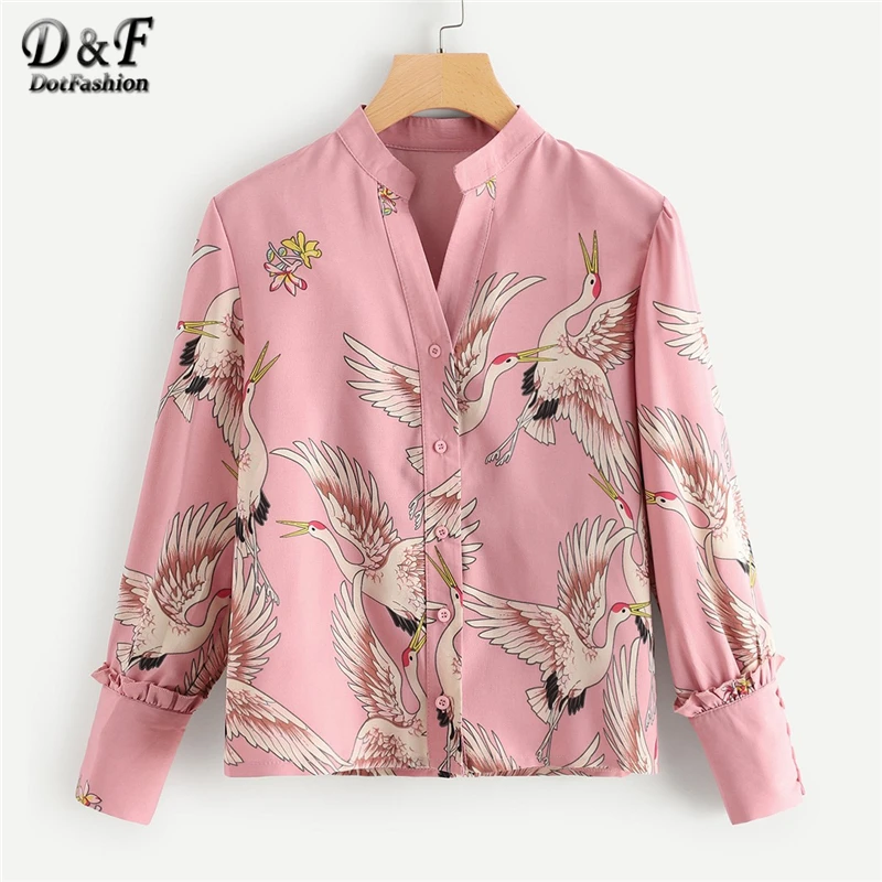 

Dotfashion Frill Detail Crane Print Womens Tops And Blouses 2019 Spring Casual Stand Collar Ladies Top Long Sleeve Placket Shirt