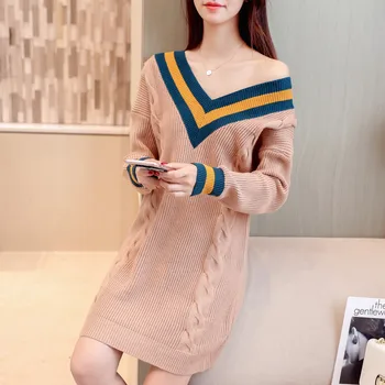 women long sweater spell color in autumn new ladies knitted sweaters mini dress casual loose v neck knit clothes design fashion
women long sweater spell color in autumn new ladies knitted sweaters mini dress casual loose v neck knit clothes design fashion