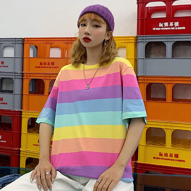 Harajuku Hip Hop Rainbow Striped T-shirt Schoolgirl Summer Tops Oversized Loose Short Sleeve Tee Japanese Women Streetwear
Harajuku Hip Hop Rainbow Striped T-shirt Schoolgirl Summer Tops Oversized Loose Short Sleeve Tee Japanese Women Streetwear