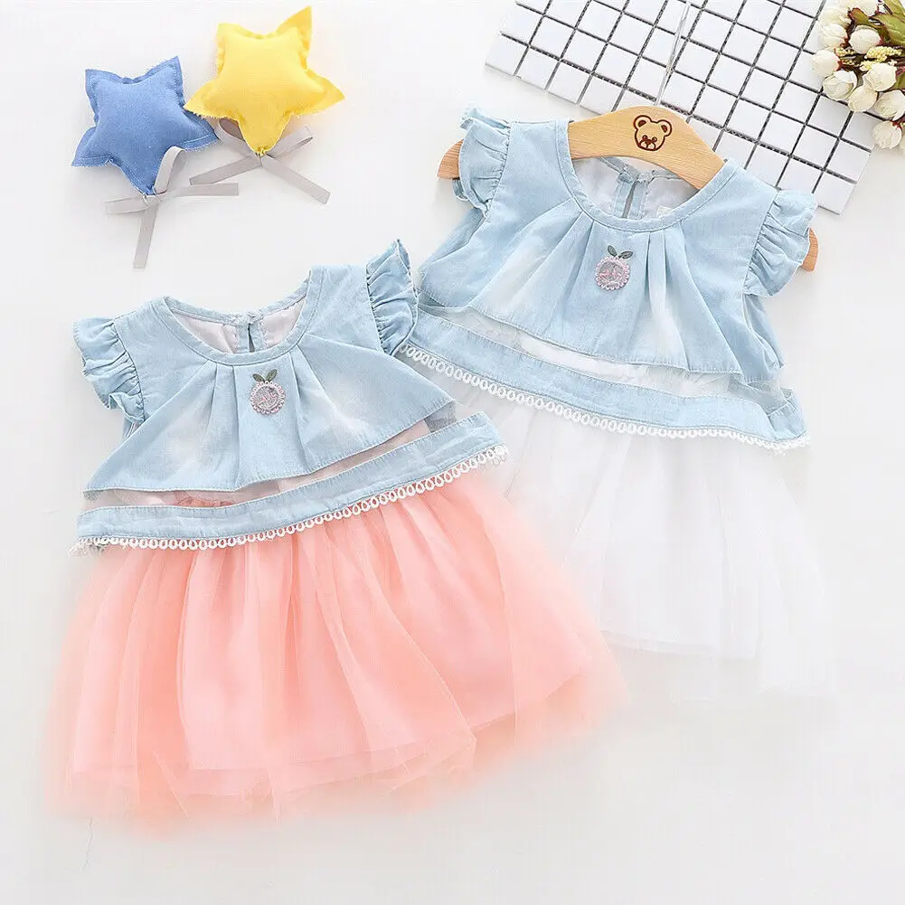 Toddler Baby Girls Princess Dress Lace Tulle Tutu Denim Ruffle Sleeve Summer Party Dresses Infant Girl Sundress Clothes | Детская одежда