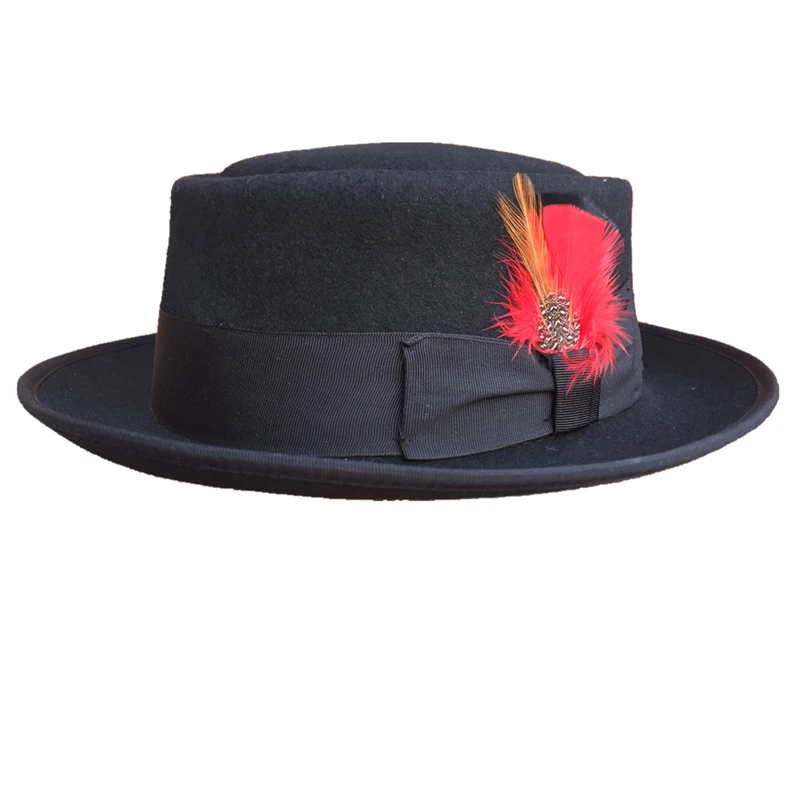 

Classic Wool Felt Black Pork Pie Hat Porkpie Jazz Fedora Hat Round Top Trilby Stingy Brim feather Cap