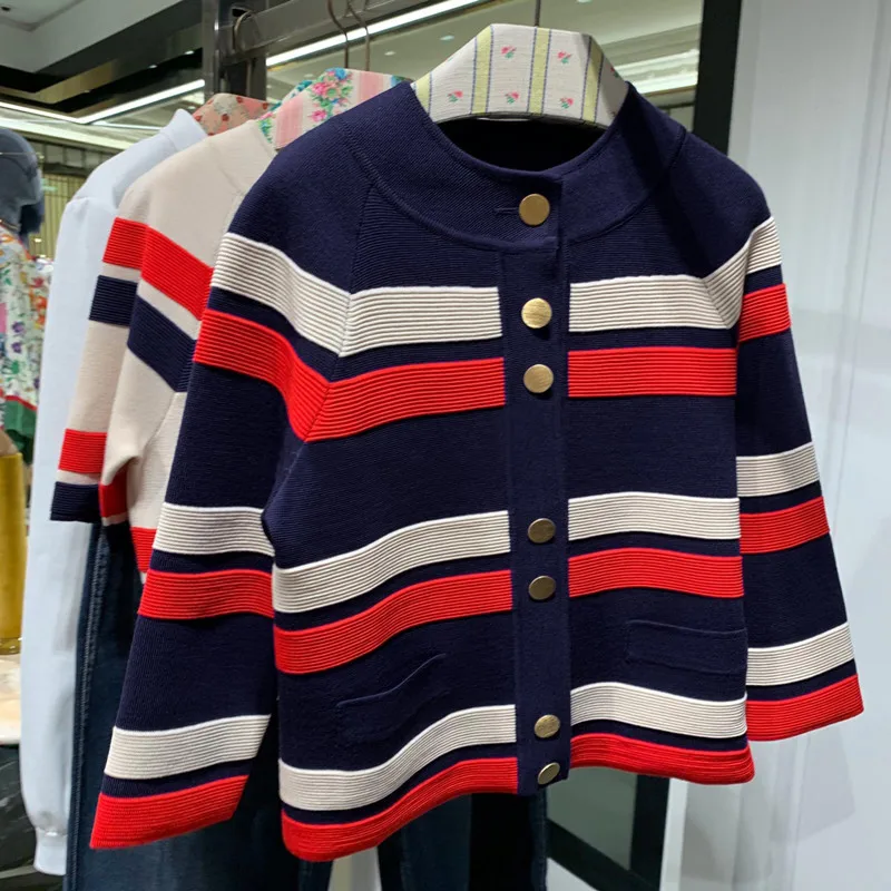 Luxury Brand Designer Knitted Cardigans for Women Colorful Striped O Neck Knitted Sweater
Luxury Brand Designer Knitted Cardigans for Women Colorful Striped O Neck Knitted Sweater