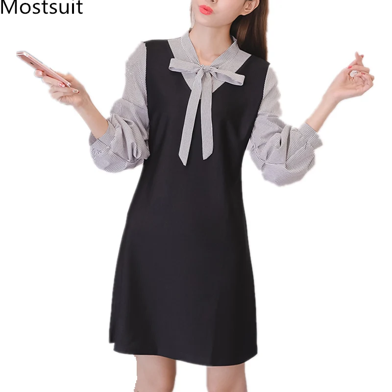 L-5xl Black Striped Fake Two Pieces Dress Women Plus Size Kawaii Bow Collar A-line Dresses Elegant Office Casual Korean Vestidos
L-5xl Black Striped Fake Two Pieces Dress Women Plus Size Kawaii Bow Collar A-line Dresses Elegant Office Casual Korean Vestidos