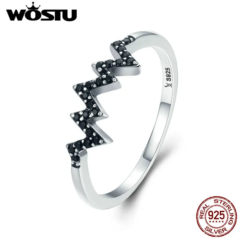 

WOSTU Brand Designer 925 Sterling Silver Heart Wave, Black CZ Finger Rings for Women Fashion Silver Jewelry Best Gift CQR207